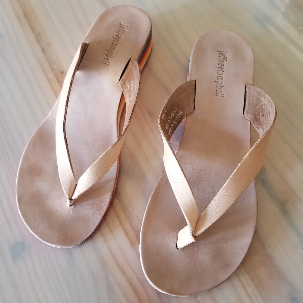 Jeffrey Campbell leather flip flops rainbow wedge sandals, size 8